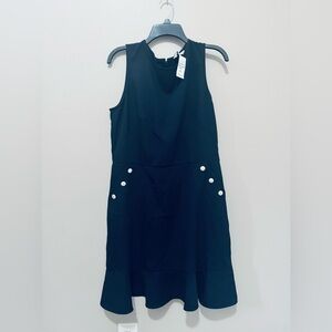 Classic Navy Sleeveless Dress with Faux Pearl Button Detail